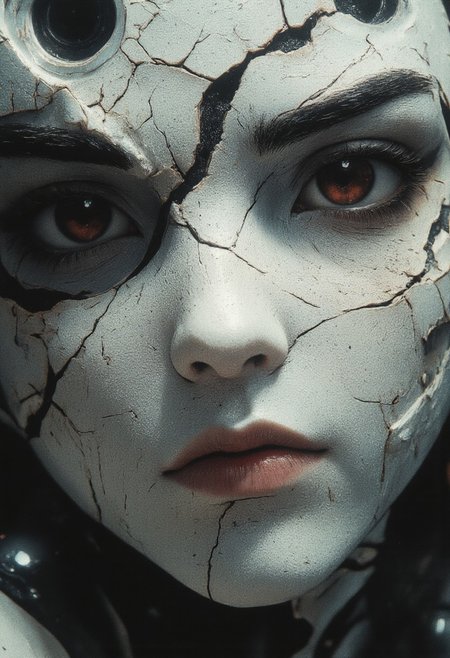 The image is a highly detailed, CGI-rendered digital artwork capturing an extreme close-up of a mystical woman. She wears an enigmatic mask made of white plaster, distinguished by two large, round, black dots serving as eyes. The mask’s surface is intricately detailed with cracks and fissures, through which the exquisitely rendered features of her face are subtly revealed. Her expression, partially hidden yet powerfully evocative, hints at ancient secrets and deep emotion.
Bathed in soft, ethereal light, the scene exudes a surreal quality that heightens its mystical allure. Gentle, diffused illumination caresses the delicate contours of the plaster mask and the intricate details of her skin, emphasizing the interplay of light and shadow. The ambient glow enhances the texture of the fractured plaster, casting soft highlights along the edges of the cracks, while deep, tender shadows add a sense of depth and intrigue to her partially unveiled visage.
The overall atmosphere is one of profound mystery and quiet intensity—a visual narrative where concealment and revelation intertwine. Rendered in ultra-realistic 8K quality, every nuance from the mask’s subtle imperfections to the soulful glimpse of the woman beneath is brought to life, creating an artwork that is both hauntingly beautiful and enigmatically inviting.