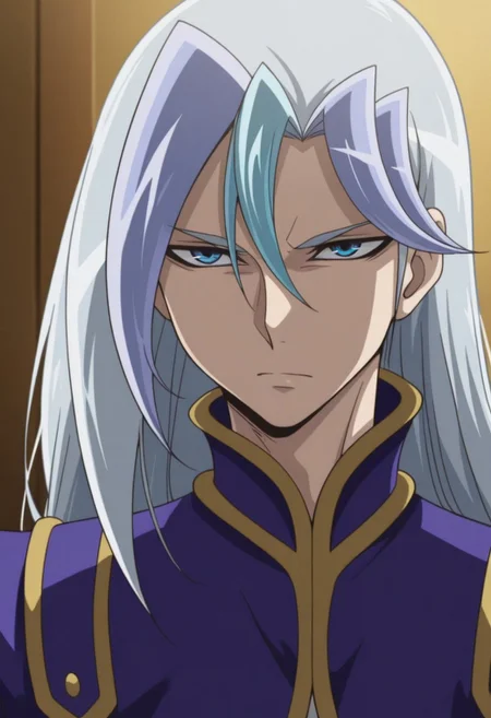masterpiece,best quality,amazing quality, source_anime, 
chrisArclight, 1boy, male focus, solo, blue eyes, multicolored hair, grey hair, blue hair, long hair, coat, purple coat,  portrait,