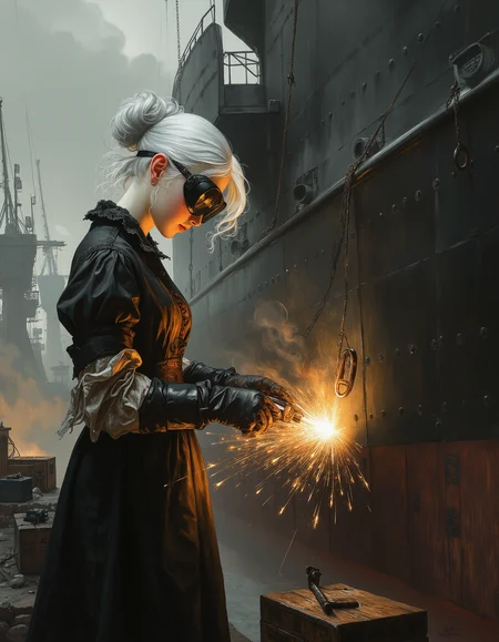 oil painting, ultra high quality, very detailed, a tiny young teen elf teen girl welder in the midst of labor on a War Ship, large Battle ship during the World War II era in 1943. The scene is set at a bustling dockyard, shrouded in early morning fog, with towering cranes looming in the background. She is wears black welding goggles and is clad in worn gloves, and an apron stained with the evidence of hard work. Sparks cascade in vivid bursts as the torch glows brightly against the dark metallic hull of the ship. Her face is delicate, with angular features and luminous, almost ethereal white skin, with small pointed elf ears. She has white hair. The vessel under construction is massive, its riveted steel surface reflecting the interplay of light and shadows created by the welding process. Surrounding the welder are tools, cables, and crates marked with wartime insignias, hinting at the urgency of shipbuilding during the global conflict. close up, ultra detailed, romantic, Oil paint with visible brush strokes, dry brush painting, novuschroma, in the style of Rembrandt. FS, vantablack <lora:style_of_Rembrandt_FLUX_135:.8> <lora:- Flux1 - vanta_black_V2.0:.4> <lora:113_novuschromaFLX_1:.2> <lora:BioInk2FLUX:0.7> <lora:neeeg_f1:-1> <lora:FS_v2:.4>