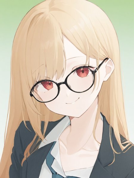 <lora:haimeng:1>,1girl, kitagawa_marin, solo, blonde_hair, glasses, long_hair, smile, necktie, shirt, bespectacled, looking_at_viewer, bangs, jacket, red_eyes, multicolored_hair, collared_shirt, blue_necktie, black_jacket, upper_body, white_shirt, white_border, green_background, black-framed_eyewear, adjusting_eyewear, gradient_hair, long_sleeves, collarbone, school_uniform, outline, simple_background, signature, closed_mouth, white_outline, blazer