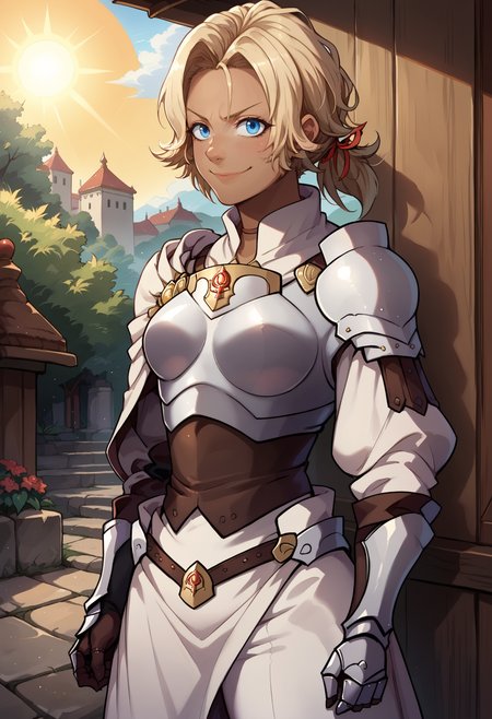 score_9, score_8_up,score_7_up, source_anime, 1girl, solo, <lora:EPfeCatherinePony:1>, EPfeCatherine, blonde hair, blue eyes, long hair, ponytail, parted bangs, hair ribbon, dark-skinned female, dark skin, smile, :3, detailed background, boobplate, boots , breastplate, gauntlets, knee pads , long sleeves, white capelet, puffy sleeves , shoulder armor, white pants,  upper body, standing, outdoors, sky, sunlight, sun, sunbeam,