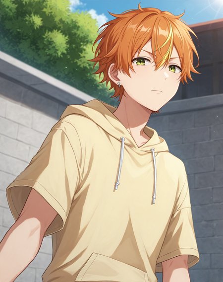 score_9, score_8_up, original style, depth of field, BREAK, rating_safe, 1boy, solo, male focus, cowboy shot, <lora:shinonome_akito_pony:1> shinonome_akito_pony, green eyes, messy hair, orange hair, streaked hair, yellow hair, ear piercing, short hair, hair between eyes, bangs, ear piercing, skinny, thighs, outdoors, day, <lora:sdxl_lightning_8step_lora:1>  <lora:xl_more_art-full_v1:0.5>