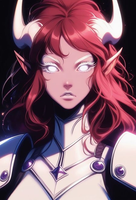 score_9, score_8_up, score_7_up, masterpiece, best quality, highly detailed, source_anime, 1girl, solo, action pose, concept art, sharp lines, god_rays, stickys style:1.7, BREAK
1 girl, tiefling, fantastic 1girl, pure white skin, extremely pale, white eyes, mascara, bold white eyeliner, white lips, white eyelashes, long red hair, elegant, (white armor:1.4), white armor, black background, epic and grand, detailed face, detailed eyes
BREAK
focus on girl, Static Camera Movement, looking at viewer, heroic, elegant theme
<lora:xl_more_art-full_v1:0.8> <lora:GLSHS_-_V3N:1>, GLSHS, <lora:Vikings_StickyS_Lora:1>  <lora:SDXLFaeTastic2400:0.4>