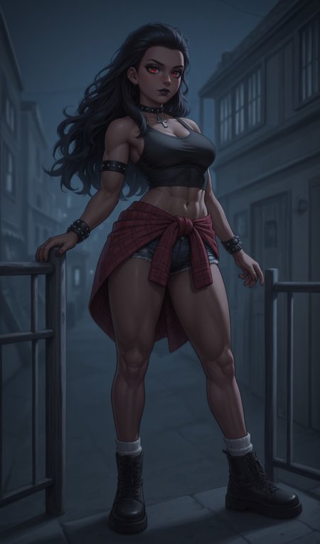 camila noceda, (very dark skin:0.8), muscular woman, black hair, long wavy hair slicked back, eyelashes, red eyes, freckles, smokey eyeshadow, black lipstick, earstuds, 

solo, realistic, masterpiece, outside, night, full body, 

studded choker, small ankh pendant, black tank top, medium breasts, midriff, studded black belt, studded bracelets, black nails, denim cutoffs, red plaid shirt tied around waist, white ruffled socks, black grunge boots, 