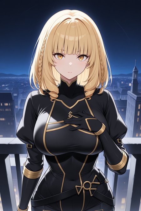 masterpiece, best quality, 1girl, solo,  <lora:roseoriana-illu-nvwls-v1-000006:1> sdoriana, blonde hair, medium hair, braid, blunt bangs, yellow eyes, brown eyes, black bodysuit, gold trim, puffy sleeves, black sleeves, black belt, black gloves, thigh strap, black pants, large breasts, night sky, city, upper body, looking at viewer, expressionless, hand on own chest, hdr