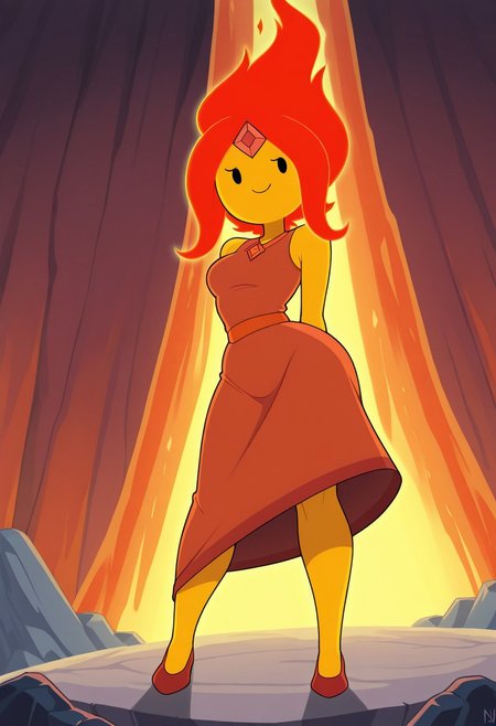masterpiece, best quality, newest, absurdres, highres, 1girl, amazing quality, good lighting, 1girl, solo,yellow skin, red hair, red dress, medium hair, red fiery hair,  flameprincessILL looking at viewer, dynamic angle, foreshortening, black eyes, cartoon, source_CARTOOn, slimthick, fit, smiling, flame princess from adventure time, full body, hand behing back, inside a volcano, standing on rock, sfw, safe for work, safe_pos