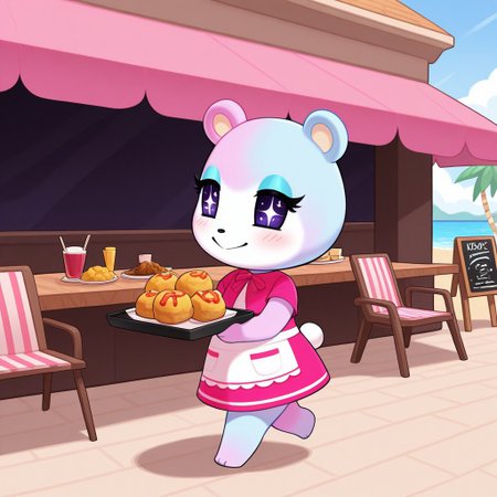 best quality, masterpiece, Full Body, Romantic, Small, Body, Furry, judyac, animal crossing, 1girl, solo, furry, bear, two-tone fur, light pink fur, light blue fur, white muzzle, purple eyes, star pupil, blush, blue eyeshadow, pink dress, beach, restaurants, serving food, carry tray, walking, outside lobby, board walk, beach chair, beach table, umbrella, recording, sign of buzz, sign said buzz food menu, sign writing say buzz, smile,