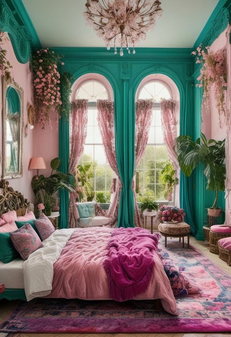 Light mood masterpiece photography, realistic, realistic photograph, inside bedroom, gaudy, colors, maximalism, green and blue and pink, purple, in bedroom, soft rug, floral rug, mirror with floral frame, vanity, beanbags, lanterns, beaded curtains, #b8e186, #f1b6da, #8fd3fe, brick wall, pink brick wall, lanterns, frog statues