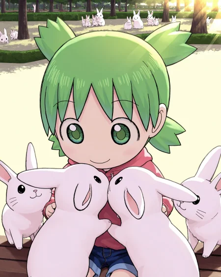 masterpiece, high quality,highres, absurdres,dynamic lighting,super detailed skin,<lora:yotsuba:0.8> yotsuba,1girl,green eyes,green hair,short hair,quad tails,park,happy smile, sitting,close-up,  <lora:girl_with_cats:0.6> girl_with_cats,multiple rabbits, girl surrounded by many rabbits, holding, chibi