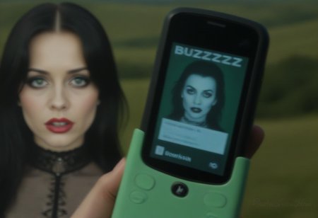 The inscription on the phone screen “BUZZzZzZzZ” with perfect lady gothic post-punk vampire portrait .  PERFECT SUNNY COLORED GREEN DESCTOP WALLPAPER LANDSCAPE FROM "WIN XP" ON THE BACKGROUND. file photo from nokia 3310 “P1011559.ORF” 20.04.2001.