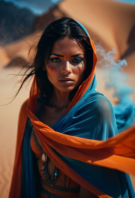 glamour portrait photo, macro, a captivating vibrant mysterious exotic native woman, ripped cape, desert sand/dust, surrounded by smoke, ethereal, smoky backdrop. throwing a translucent orange/tanslucent blue/orange, 100mm f/2.8 macro lens, atmospheric haze, Film grain, cinematic film still, shallow depth of field, highly detailed, high budget, cinemascope, moody, epic, OverallDetail, gorgeous, 2000s vintage RAW photo, photorealistic, candid camera, color graded cinematic, eye catchlights, atmospheric lighting, imperfections, natural, shallow dof