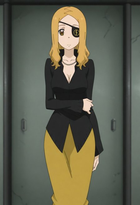 masterpiece, best quality, amazing quality, 1girl, solo,,, shiny skin,,,<lora:Marie_Mjolnir:1>mmjolnir, blonde hair, long hair, brown eyes, right eyepatch,, cleavage, necklace, black dress , gold skirt, long skirt, long sleeves, jewelry,