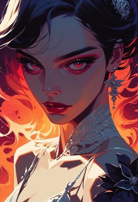 score_9, score_8_up, score_7_up, score_6_up, score_9_up, score_8_up,  ultra-detailed, high quality, negative, character concept art, limited palette, 1girl, beautiful, pale white vampire, elegant pose, futuristic fashion, a floating fire hovers between her hands, masterpiece, very detailed elegant gothic background