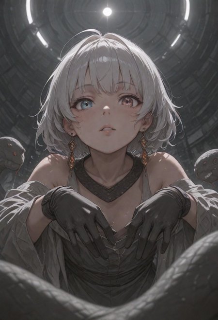 best quality, amazing quality, very  esthetic, newest, scenery, high-resolution, masterpiece, detailed eyes, perfect eyes, realistic eyes, depth of  field, low angle, bend backward,
1girl, solemn, confident, heterochromia, looking viewer ,solo ,silver hair, short hair, open shoulder, snake trimmed,  earrings,  jewelry, gloves,
bloom, snake style, volumetric lighting,  (fighting stance:0.7).