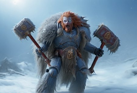 Space wolf, werewolf, wolfman, transforming into wolfman, werewolf, wulfen, armour breaking, slashing, turning, slashing, claws, gauntlets breaking, transform, battle, armor breaking, power armor, fur cloak, brown-red hair, beard, braids, mighty, dropping an axe with a long handle which glows with blue runic energy along the cutting edge, snow, ice, blood, blizzard, battlefield, leaping, glory, charging, fangs bared, swinging axe, high res, claws, fight horde, high def, best quality