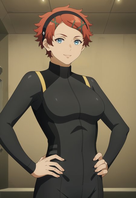 <lora:Prospera_Mercury-pre_timeskip-Suisei_no_Majo:0.85>,prospera,1girl,solo,red hair,short hair,blue eyes,hairband,hair ornament,breasts,
bodysuit, cowboy shot, hands on own hips, looking at viewer, smile,indoors