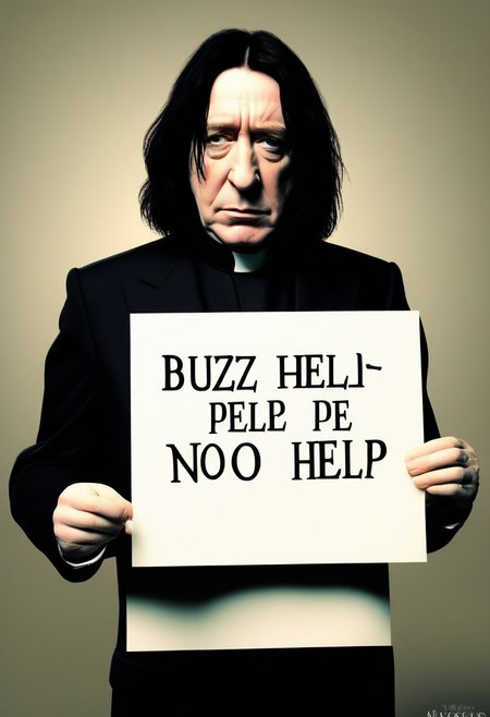 <lora:PE_HoldingSign:0.8> PEHoldingSign, sad face,
professor snape holding a sign that says buzz help please nono