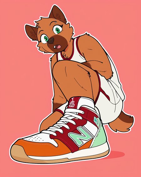 score_9_up, score_8_up, score_7_up, score_6_up,  brown body, furry female, female, furry, green eyes,  looking at viewer, eyebrow piercing, solo, three-quarter view, head tilt, :O, open mouth, pogchamp, jersey, basketball jersey, white shorts,  (basketball uniform), tail, sneakers, simple background, white outline, low-angle view,   <lora:Leah_Pines(AIM)_XL_v1:0.15> <lora:PDXL_artist_tags_v2_big:0.6> <lora:The-Minuscule-Task_PDXL_v1.0:0.6>  <lora:Rose_Naire_sonokido:0.75> <lora:showinshoes:0.8>