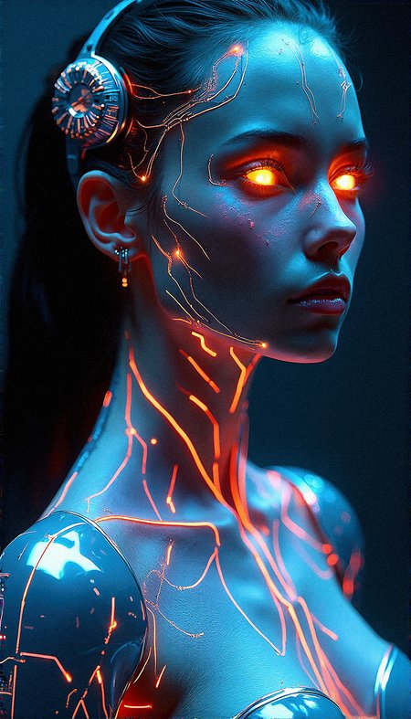  a futuristic, cybernetic humanoid female, blending human beauty with advanced technology, only her glowing, neon-lit features standing out against the dark background. The glowing patterns across her face and neck should be reminiscent of delicate circuitry, with intricate, vein-like neon lines that pulse with life. These lines should be designed to look as though they are part of her organic makeup, seamlessly integrated into her skin, and following the contours of her face. The neon lights should come in a spectrum of colors, including bright blues, purples, and oranges, casting a soft glow onto her metallic components.

Her eyes should be the central focus, glowing with an intense, almost ethereal light, as if they are windows into a vast, digital universe. The texture of her skin should be hyper-realistic, with fine details like pores and subtle blemishes visible upon close inspection, giving her an organic, lifelike quality. However, this organic beauty should contrast sharply with the metallic implants embedded within her skin—small, sleek cybernetic implants that shimmer under the neon light. These implants should be made of futuristic materials, perhaps polished chrome or a synthetic metal, reflecting the lights around her.

The headgear she wears should be a futuristic crown, intricately designed and featuring pulsating neon orbs. This headgear should appear to connect her to a larger digital network, with fine, glowing tendrils extending from it, almost as if she is a part of a living data stream. The light emanating from these tendrils should pulse softly, as if they are constantly communicating with an unseen force. The lights and patterns on her headgear should blend seamlessly into the lines on her face and neck, creating a symbiotic relationship between her organic and mechanical parts.

Her chest, visible in the lower part of the frame, should feature a glowing, holographic armor that appears both functional and elegant. The armor should be sleek, with a reflective surface that shows the vibrant lights reflecting off it, and it should be designed to accentuate the organic curves of her body. The glowing lines on her chest should mirror the patterns on her face, suggesting that the armor is not just an external suit but an extension of her being. The extreme realism of the close-up should capture every texture—the smoothness of the metal implants, the softness of her skin, and the glow of the neon lights—as if you can almost feel the temperature differences between the organic and synthetic elements.
















