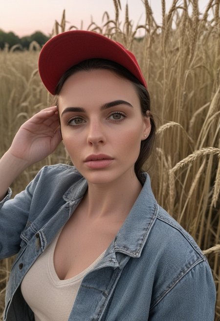 30yo american woman in a wheat field
Small eyes. Brown eyes.
Wearing ripped Denim jacket red hat
no makeup. Clear skin.  realistic skin style
Long dark black slick back hair. No makeup. Dusk, Street light. Looking at camera POV. Slight smile, tilting head.. Tilt head. Hands in head, face, lips.
Medium Close Up shot. Bokeh. Bokeh light.
