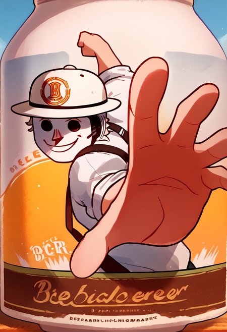 score_9, score_8_up, score_7_up, beerlabel, solo, Packjack, (helmet), smile, tiny hat, white shirt, rolled sleeves, suspenders, IncrsPunchMeme, incoming punch