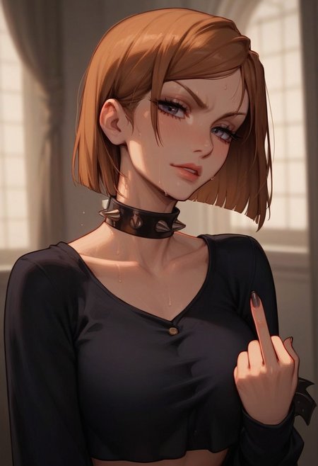 Expressiveh, score_9, score_8_up, score_7_up, score_6_up, score_5_up, score_4_up, godrays, 1girl, Kugisaki Nobara (jujutsu kaisen), gothic, spiked choker, sexy, pose, crop top, sweat, looking at viewer, middle finger, large breasts, bedroom, closeup, face focus