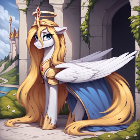 masterpiece, score_9_up, score_8_up, score_7_up, score_6_up, (best quality: 1.1), ultra detailed, high resolution, 1 character, Oiren, changing queen oc, mlp, wild, white skin, long yellow membrane mane, tail, (( (beautiful detailed blue eyes))),(((long blonde hair))), long eyelashes, eyebrows, ears, angel wings, closed mouth, halo, modest silver crown, detailed facial features, valkyrie armor, full body, expressive , highly visible, sharp focus, anatomically correct background, detailed, outside, outdoors, castle in the background, summer,