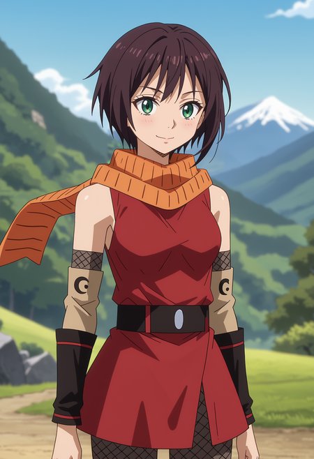 score_7_up, anime screencap,
<lora:TenSura_SoukaXL:0.9>, SoukaTS,
1girl, solo, closed mouth, light smile,
short hair, brown hair, green eyes,
orange scarf, red shirt, black belt, red skirt, bike shorts, fishnet legwear, detached sleeves,
looking at viewer, cowboy shot,
blurry background, outdoors, mountains, scenery, forest, blue sky