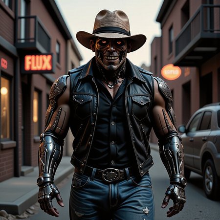 westernpunk style, a muscular westernpunk man, the lower half of his face is a dark robotic metallic resembling a creepy skeleton, while the upper half is a humanistic flesh of a grizzled, masculine man. He is walking down an industrial alleyway mid morning with caustic rim light, he face is mostly lit. He is wearing a western shirt with the sleeves cut-off, and Levi's denim vest over top. An imposing physique with a muscular build, reminiscent of a biker / old western outlaw style. They wear a black, sleeveless leather vest over a black shirt, cinched with a belt, and classic Levi's 501 jeans, showing off his flesh colored mechanical_arms. The mechanical_arms have intricate designs colored to appear like tribal tattoo's. A straw cowboy_hat with the sides rolled reveal most of his face from the shadows of the atmospheric perspective of the rim lighting, the reveals a menacing, sharp-toothed pamsml mouth of his skeletal jaw and glowing mechanical red eyes, of the cyborg human hybrid.  <lora:scifi/fluxWesternPunk_v1:0.7>, <lora:flux/aidmaImageUpgrader-FLUX-V0.2:1>, aidmaimageupgrader, realistic, <lora:flux/Herbst_Photo_35mm v2:0.8>, herbstphoto, <lora:creepy-smile:0.8>, . Wild West and futuristic aesthetic with high-tech machines, sci-fi western elements, and augmented mechanical enhancements, cowboy or gunslinger