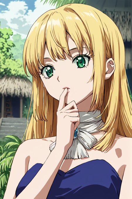 score_9, score_8_up, score_7_up, illustration, source_manga, rating_safe, r3tr0XLP ,<lora:r3tr0XLP:0.7> 1girl, solo, slimes_ruri, green eyes, long hair, straight hair, dress, bare shoulders, upper body, <lora:SlimesRuri:1>  , at a tropical village, hand in front of mouth
