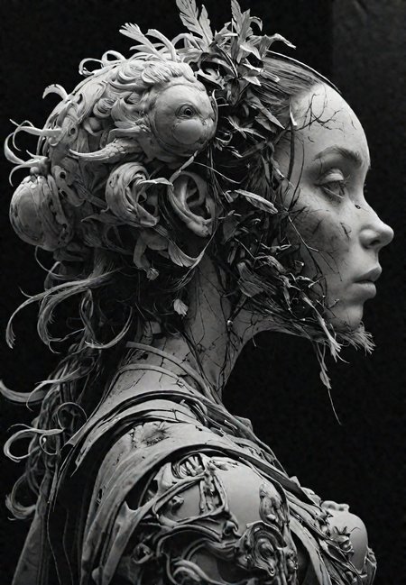 photography in the style of detailed hyperrealism, candid 35mm shot, 
multi exposure, surrealistic creature, wide shot, award winning, 
distortion, perfectly focused, dof, 
Ashley Wood, Andrea Mantegna, 
original phenomenal masterwork with virtuoso details, b&w, black background, 
<lora:add-detail-xl:1>, <lora:MJ52:0.5>, <lora:Sinozick>, DARK, CHIAROSCURO, LOW-KEY
