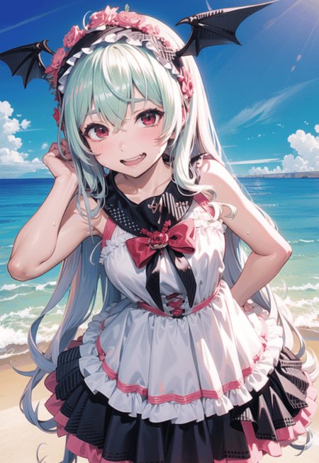 <lora:lovableChineseGirlMeme_v2:1>1gir,coralcoast,spread one legs,white hair, ,red eyes, long hair, Rose headdress,Anime vampire,bat wings, Bat wing ears,lolita hairband, lolita,Swimwear,sola,pov,beach,Strap dress skirt,meteor,make a fist,yuri, smile,looking at viewer, blush with shame,sweat,sneer