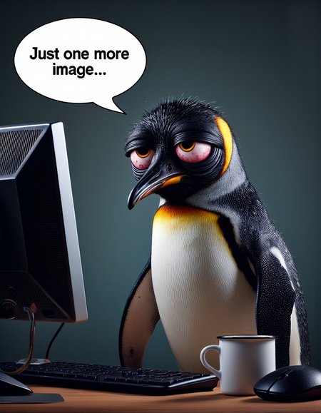 DonM1ns0mn14FXThe , hyperrealistic image of sleep-depraved penguin with reddened eyes and black circles aroind his eyes sitting in front of pc monitor, his wings are on mouse and keyboard (computer) , says in speech bubble above his head "Just one more image..." , coffee cup, <lora:flux\DonM1ns0mn14FXThe.safetensors:1.0:1.0> <lora:flux\flux_realism_lora.safetensors:0.71:0.71> <lora:flux\detailer_flux_v1.safetensors:0.6:0.6> <lora:flux\aidmaImageUpgrader-FLUX-V0.1.safetensors:0.6:0.6>