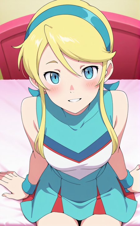 masterpiece, best quality, highres, newest, 1girl, solo, official style, <lora:IL_Lina_Davis:1>, lina, blonde hair, blue eyes, cheerleader, smile, parted lips, cowboy shot, looking at viewer, sitting on bed, from above, blush, indoor, anime screencap, frontal view, five fingers, arms at sides