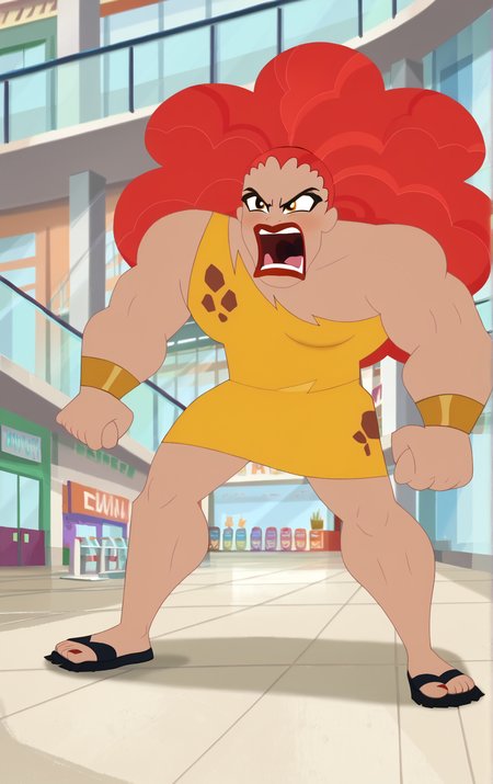 ((score_9)), score_8_up, ((high quality)), ((masterpiece)) BREAK
  DCSG Style, DorisZ, Giganta, muscular, afro, red hair good hands, uppercut punch, good anatomy, five fingered hands, mall background, screaming, (dynamic angle)<lora:DC_Superhero_Girls_2019:0.8>,<lora:pony_good_hands:0.8>