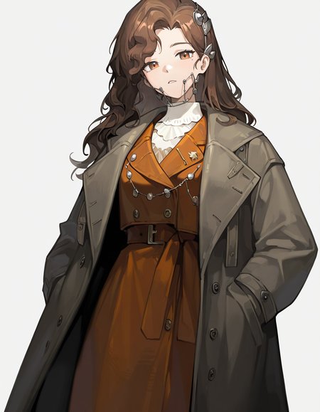 yaxian,1girl,solo,looking at viewer,simple background,white background,cowboy shot,brown eyes,<lora:yaxian-000014>,coat,, masterpiece, best quality, very aesthetic, absurdres,newest, incredibly absurdres,