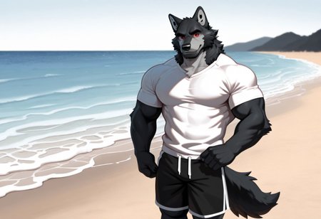 2d, 1boy, solo, black wolf, anthro, furry, red eye, muscular, muscular male, black fur, good muscular fur, on the beach, black and white shorts, white and red t-shirt