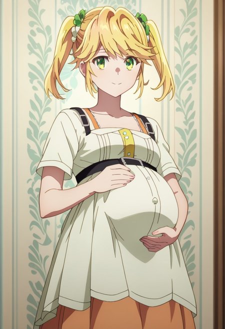 score_9, score_8_up, score_7_up, best quality, masterpiece, 4k, perfect lighting, very aesthetic, anime, anime coloring, official art, anime screencap,
OverallDetail, fFaceDetail, 
bedroom, happy, huge pregnant belly, hand on belly,
Tarte, blonde hair, twintails, green eyes,
 full body,
<lora:Pregnant Bump:1>