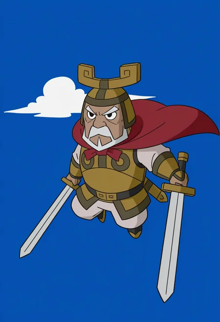 1boy, chibi, holding sword, simple background, dual wielding, dynamic pose, blade, solo, flying, floating cape, blue background, fluffy cloud,
BREAK
<lora:Wen_Zhong_from_The_Legend_of_Nezha_v1.0:1>
wenzhong, old man, white hair, black eyes, beard, mustache, soul patch, tan skin,
BREAK
helmet, chinese clothes, red cape, chestplate, vambraces, belt, tassets, long sleeves,
BREAK
best quality, masterpiece, very aesthetic, absurdres, highest detailed, very awa,