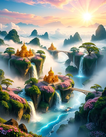 A mesmerizing celestial background featuring an otherworldly paradise. Towering crystalline mountains with peaks that glow softly under a sky painted in shifting hues of iridescent blues, pinks, and golds. Rivers of liquid light flow through vast, open meadows filled with luminescent flowers that pulse with a gentle glow. Gigantic, translucent trees with silver leaves sway in a breeze that carries floating particles of golden dust. Suspended bridges made of shimmering energy connect ancient, floating monoliths engraved with intricate celestial patterns. In the distance, an enormous radiant waterfall cascades into a bottomless, mist-covered abyss, reflecting the surrounding ethereal glow. A tranquil atmosphere, untouched and divine, filled with an overwhelming sense of wonder and serenity.
<lora:SDXLFaeTastic2400:0.4> <lora:extremely_detailed:0.4> extremely detailed, <lora:heavenly_l4ndsc4p3:1>,heavenly l4ndsc4p3, Masterpiece,best quality,hi res,8k,hi res,8k,award winning,(sharp focus, intricate, highly detailed),