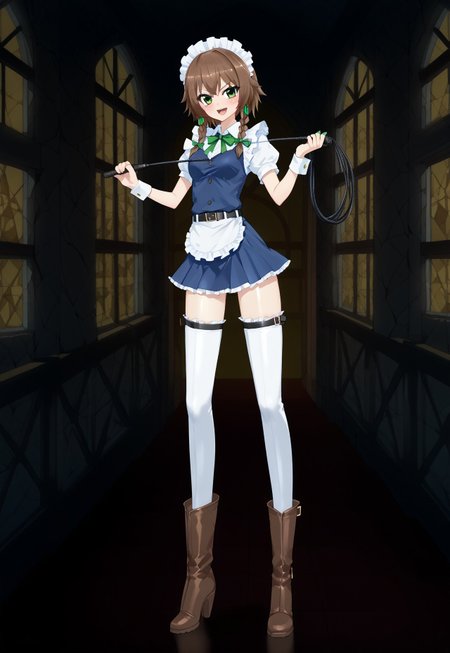 safe_pos, score_9,score_8_up,score_7_up,source_anime,prefect lighting,very aesthetic,prefect hands,best quality,intricate details,masterpiece,high quality,
,izayoi_sakuya, maid, white thighhighs, 
kamogawa_tanuki,
tall_girl,long_legs, long legs, tall female
1girl, standing,
 laced up boots, brown boots, thighhigh boots, thigh high boots, f3t1sh b00ts, dominatrix, buckle, belt boots, micro skirt, indoors, in castle, 
holding a  whip
