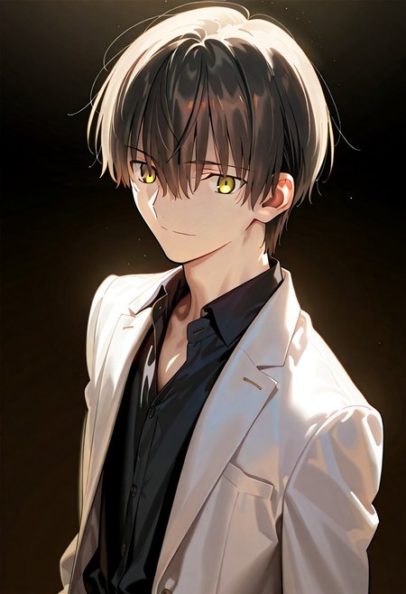 ((masterpiece, best quality, amazing quality, very aesthetic, absurdres)), 
Takeuchi takashi, ((solo)), calm, smile, closed mouth, 1boy, solo, peaceful, closed mouth, slim_build, detailed eyes, (((yagami_light face))), (((black hair, yellow eyes))), ((short hair, hair between eyes)), (((white suit, open suit, black shirt, collared shirt, black slacks))), no background, dark background, sideshot, cowboy shot, dark background, portrait,