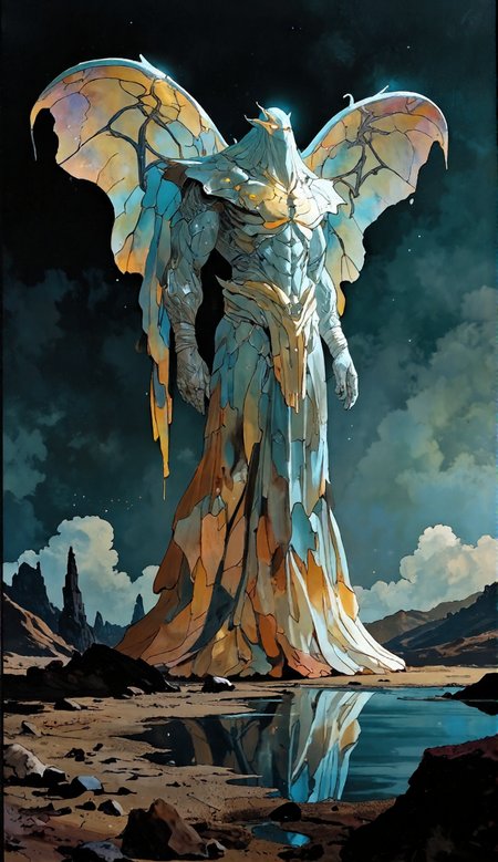 A towering, majestic figure stands in a surreal, otherworldly landscape. The figure is a humanoid creature with a stone-like, metallic body, covered in segmented armor that looks like fractured stone, with cracks glowing softly. Its large, translucent wings spread wide, resembling stained glass with liquid, iridescent colors reflecting the light. The creature’s form blends with flowing, ethereal cloth-like extensions from its body that resemble a tattered robe or cape. It stands next to a calm pool of water, its reflection rippling across the surface. In the distance, jagged rock formations rise against a dark, cloudy sky, with faint stars dotting the background. The overall mood is mystical and awe-inspiring, evoking a sense of ancient power and grace in a mysterious, desolate landscape.
<lora:FantasyAnimeRealism:0.7>  <lora:FLUX_animeniji_Animeniji_01:0.7> <lora:StainedGlassFlux:0.6>