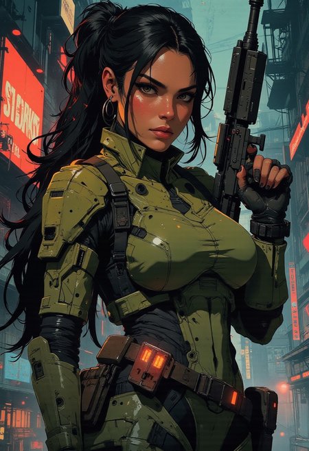 magnificent, closeup portrait, female bounty hunter, braided black hair, futuristic armor, halo spartan, spartan armor, sexy, curvy, large breasts, large ass, aiming a sniper rifle, sniper rifle, aiming rifle, holstered pistol, Cyberpunk City, Neon Lights, foreshortening,
looking at viewer, solo, 
Cowboy Shot, close up, from above,
