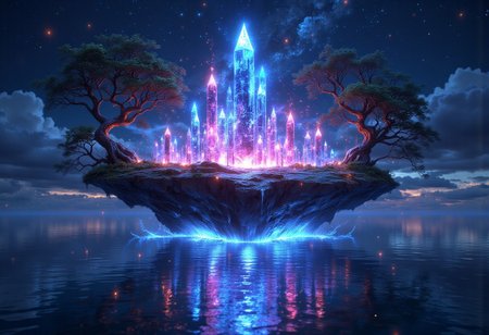A floating island of glowing crystals in shades of blue and pink, with twisted trees stretching toward a starry sky. A serene lake reflects shimmering auroras, while fireflies leave trails of light in the gentle breeze