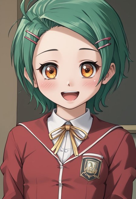 score_4,score_5,score_6,score_7_up,score_8_up,score_9
JSK Studio,Multiview,
((masterpiece,best quality,ultra detailed,highres,HD,4k:1.2)),
(small breast:1.2),1 cute girl,
Erika,green hair,very short hair,orange eyes,((hairpin)),parted bangs,
school uniform, red cardigan, black miniskirt,
smile,blush,open mouth,