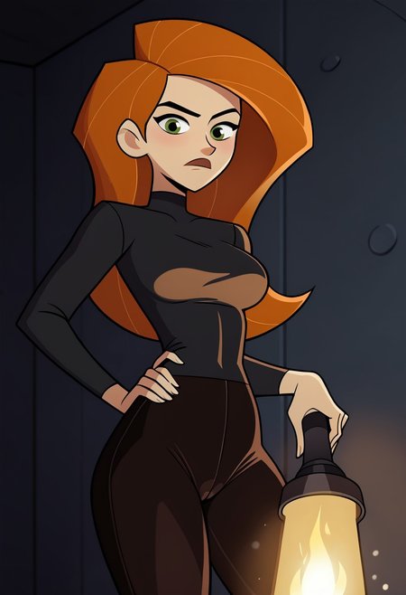 mangamaster, kim possible, black skintight shirt, cargo pants, dark room, holding torch, torch on, from slight angle, solo, slightly frightened,