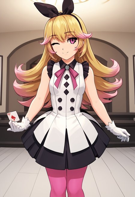 score_4,score_5,score_6,score_7_up,score_8_up,score_9
((masterpiece,best quality,ultra detailed,highres,HD,4k:1.2)),
1girl,solo,
dark pink eyes, blonde hair, long hair, hairband, ribbon, multicolored hair, pink hair tips, bangs, ribbon on clothes, pink pantyhose, white gloves, gloves, sleeveless dress, frilly dress, black footwear, black shoes,
standing,Indoors, luxurious interiors,holding a playing card, smile, wink,