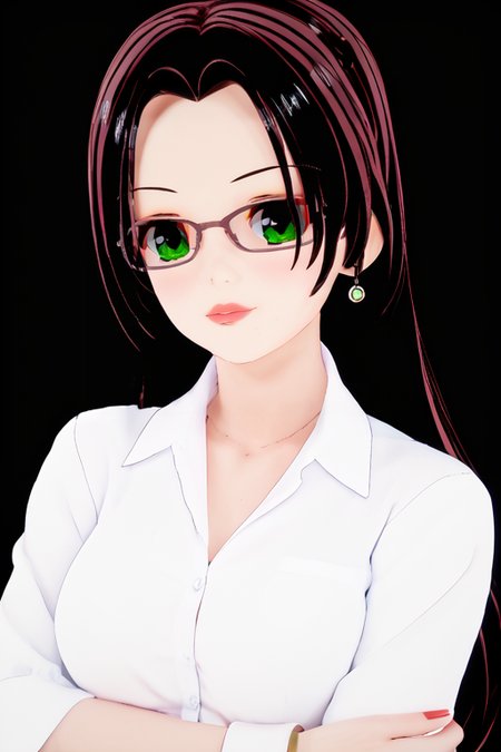 score_9, score_8_up, score_7_up, score_6_up, simple black background,   <lora:Elaine_OC_Waifu_PonyXL:1> elaine_oc, 1girl, long hair, black hair, green eyes, glasses