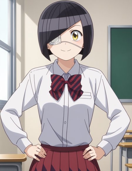 score_9, score_8_up, score_7_up, source_anime,
omoharunakanaka, <lora:omoharu-nakanaka-s1s2-ponyxl-lora-nochekaiser:1>,
omoharu nakanaka, short hair, black hair, yellow eyes, eyepatch,
skirt, shirt, long sleeves, bow, school uniform, white shirt, pleated skirt, striped, collared shirt, bowtie, red skirt, striped bow, striped bowtie,
indoors, classroom, hands on hips, smile,
looking at viewer, cowboy shot, dutch angle, solo,